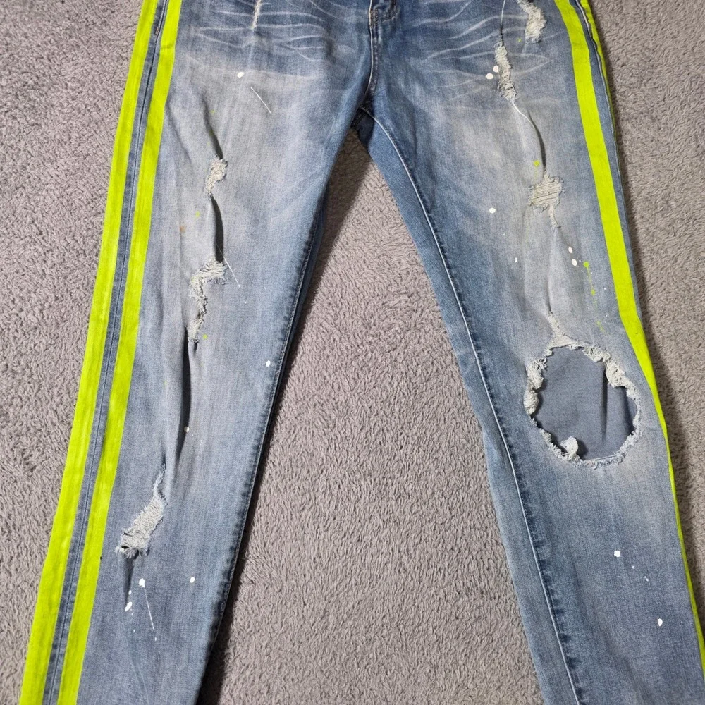 Amiri Mens 38 MX1 Distressed Jeans Light Blue Neon Yellow Stripe Paint Splatter